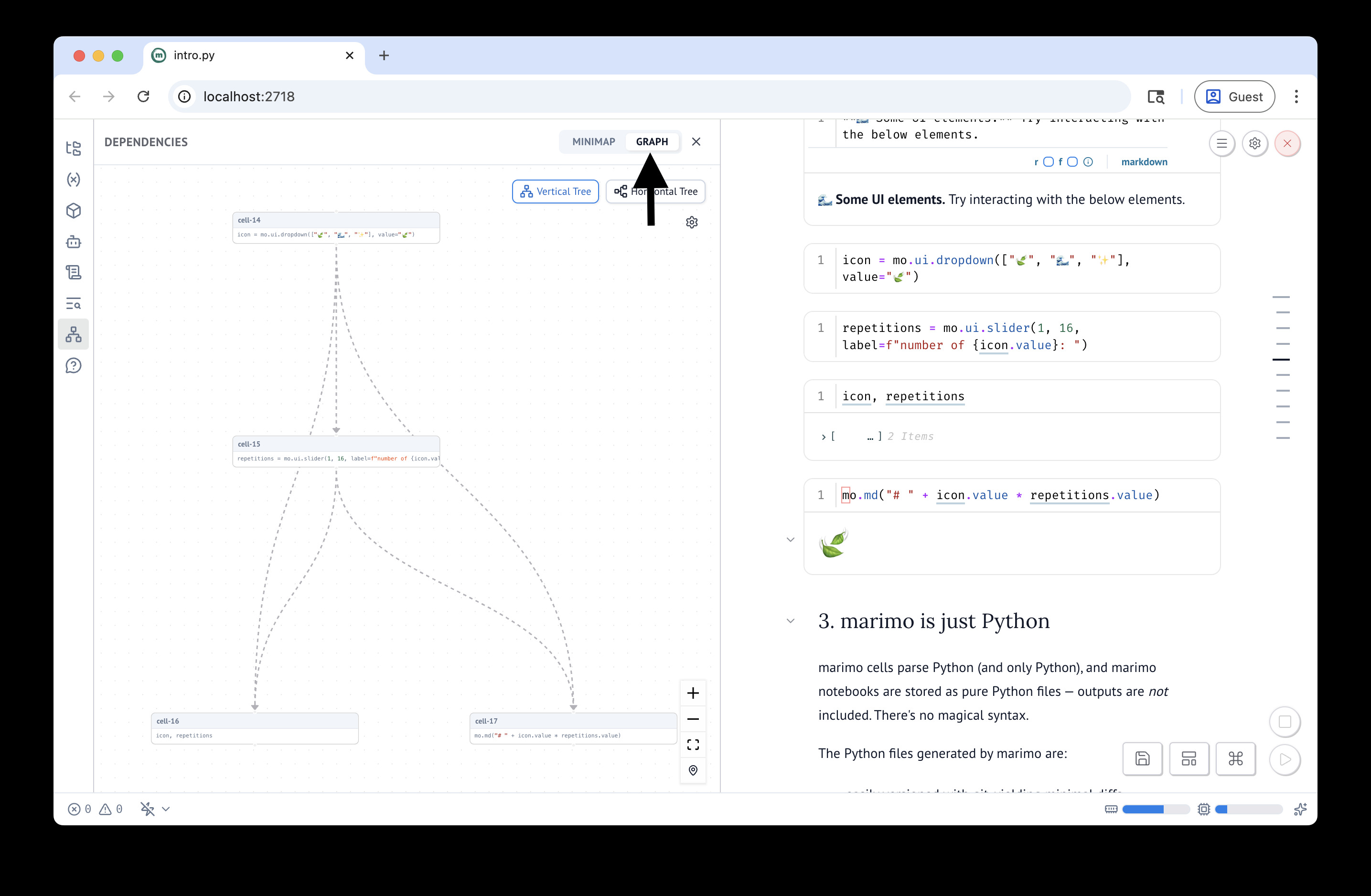 Graph view showing all cells as an interactive dataflow graph